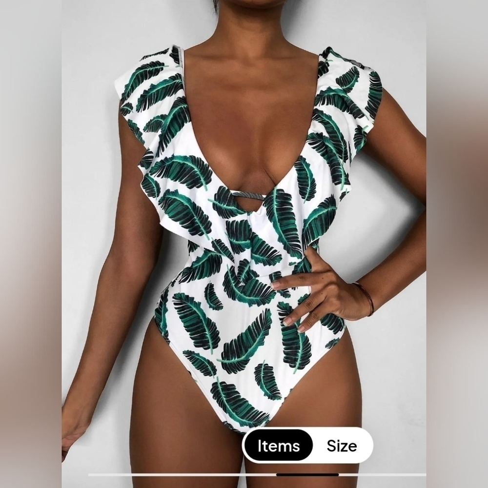ZAFUL Leaf Print Ruffle Plunging Swimsuit Sz 8